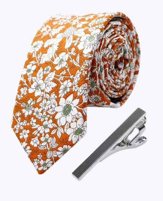 Cravate + Pince à Cravate Liberty Orange Homme en Coton «Clovis»