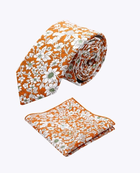 Cravate + Pochette de Costume Liberty Orange Homme en Coton «Clovis»