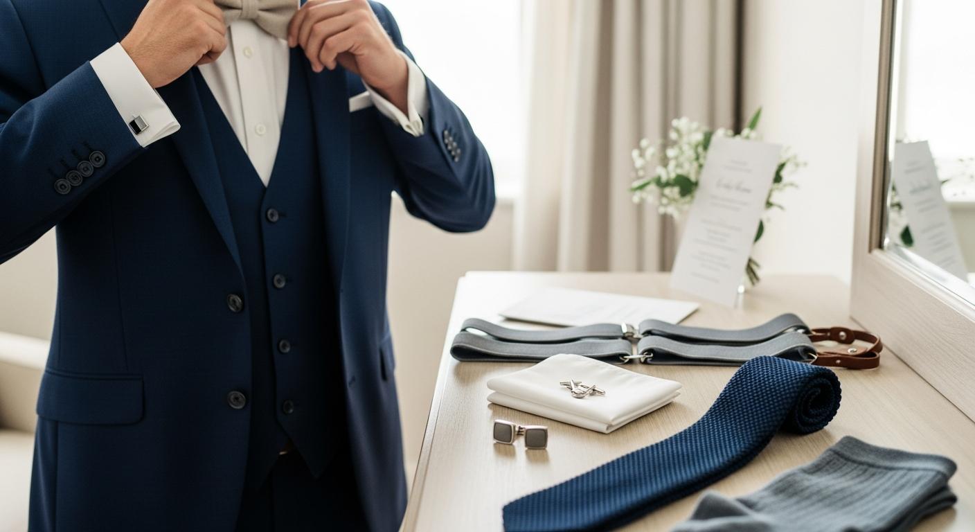 Marié en costume bleu marine ajustant un nœud papillon en lin, accessoires de costume posés sur une commode Image