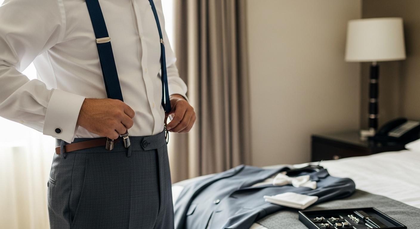 Homme en chemise blanche ajustant des bretelles bleu marine avec attaches en cuir, dans une chambre lumineuse avant un mariage Afbeelding