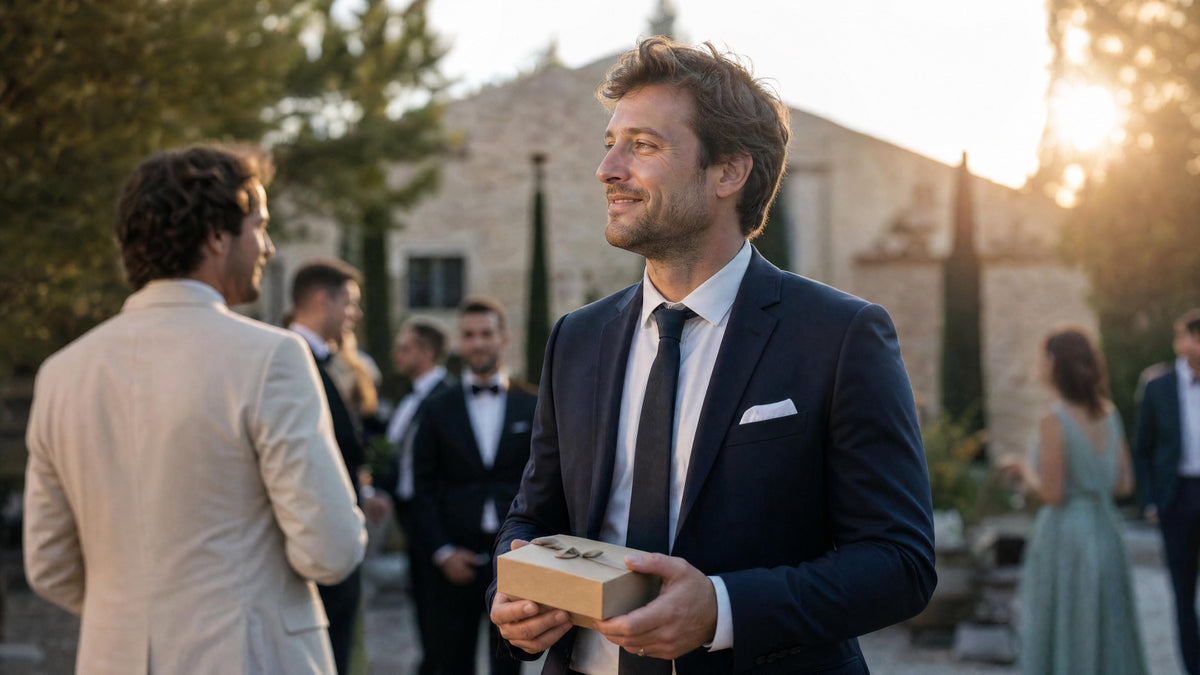 Témoin de mariage recevant un accessoire homme en cadeau, dans une ambiance de cérémonie élégante. Afbeelding