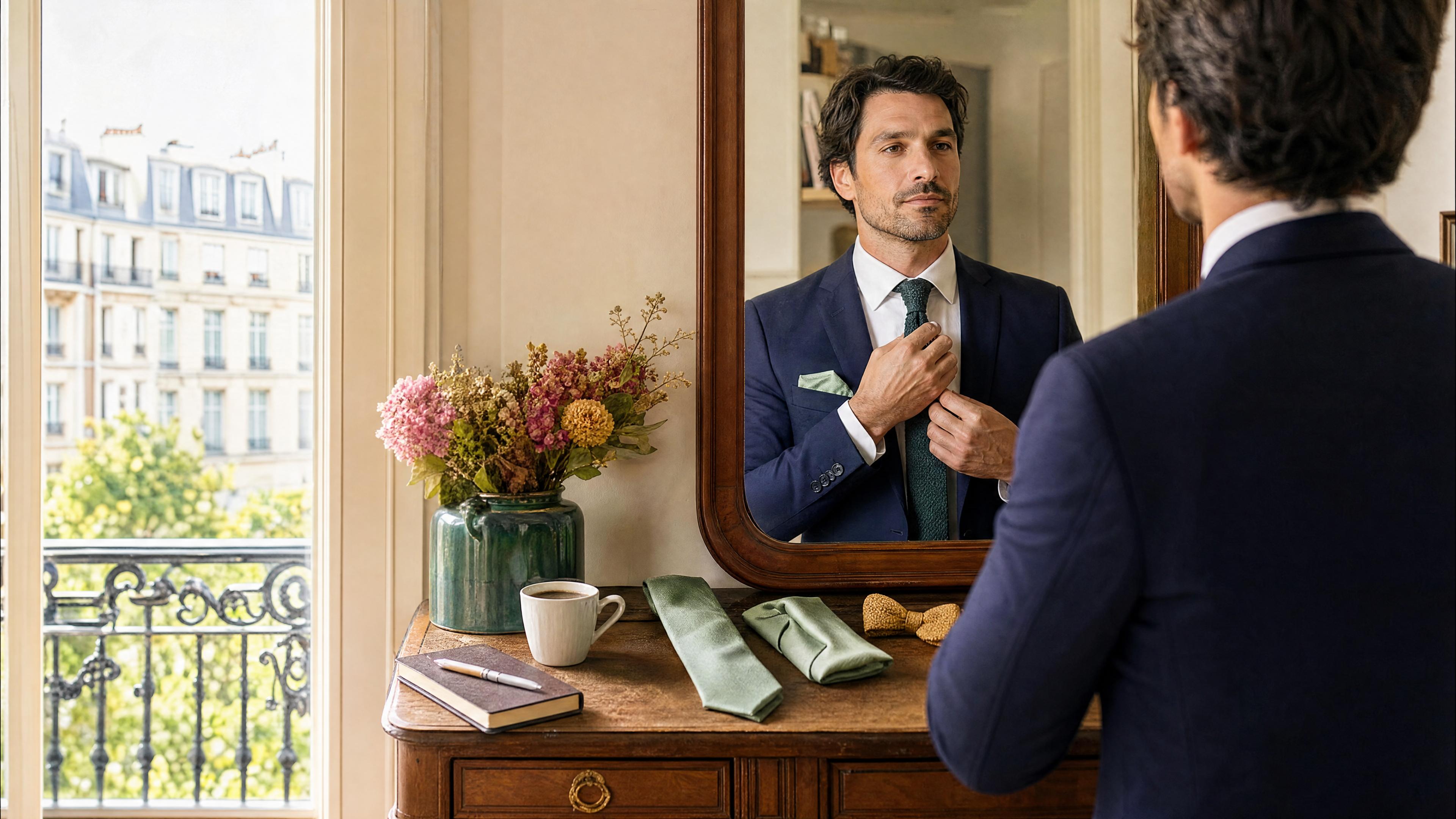 Homme en blazer bleu marine ajustant sa cravate, avec une pochette de costume et des accessoires vert sauge posés sur une commode, ambiance rentrée au bureau. Afbeelding
