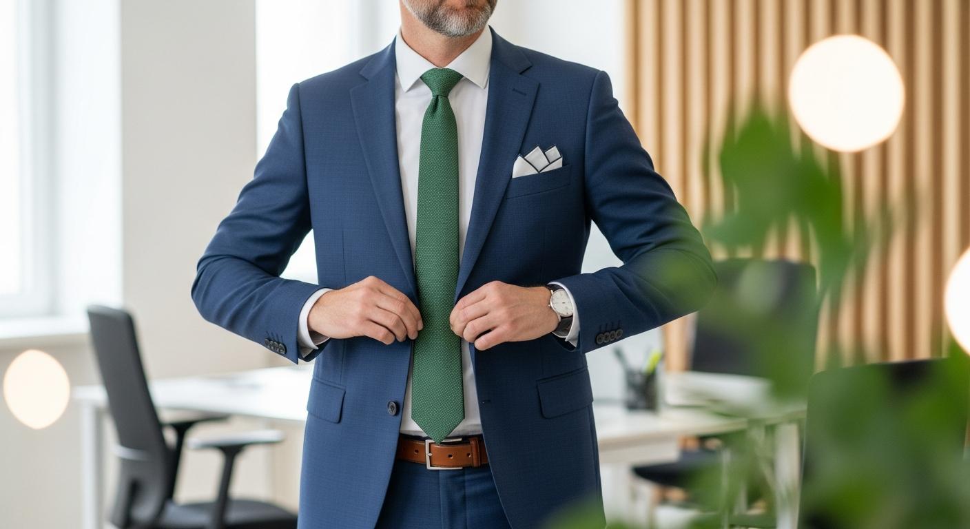 Homme en costume bleu marine portant une cravate vert forêt et une chemise blanche dans un bureau lumineux