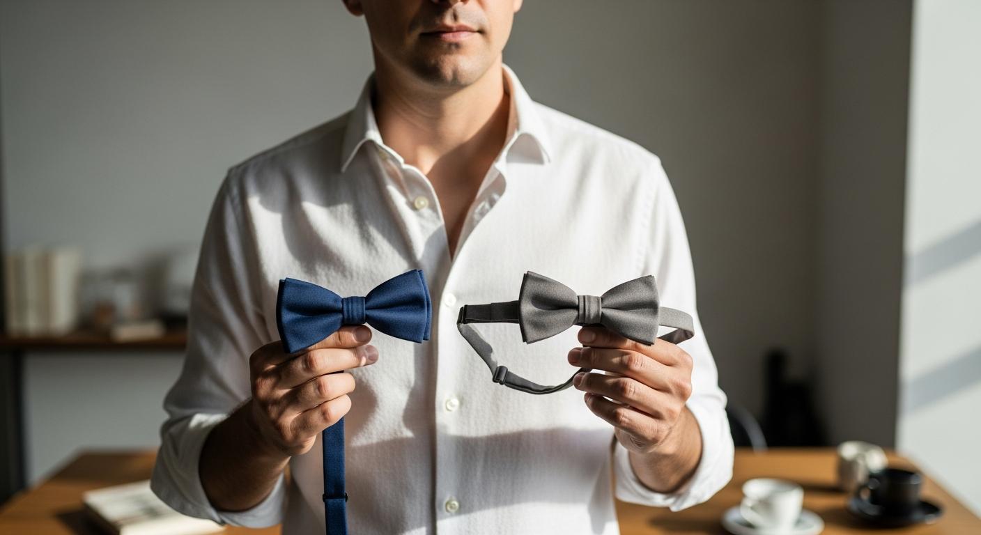 Homme en chemise blanche comparant un nœud papillon à nouer et un modèle ajustable dans un intérieur lumineux Afbeelding