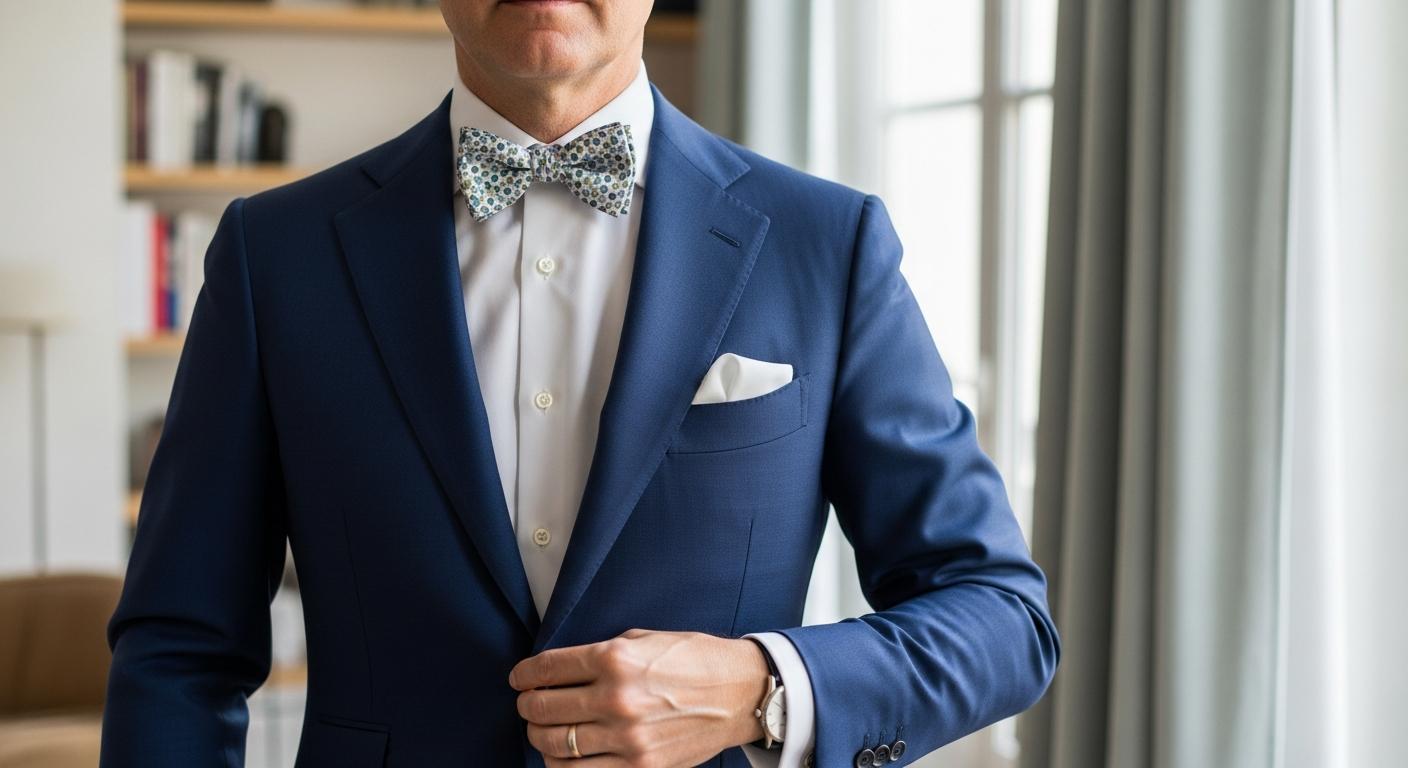 Homme en costume bleu marine portant un nœud papillon liberty avec chemise blanche, photographié en lumière naturelle dans un intérieur élégant Afbeelding
