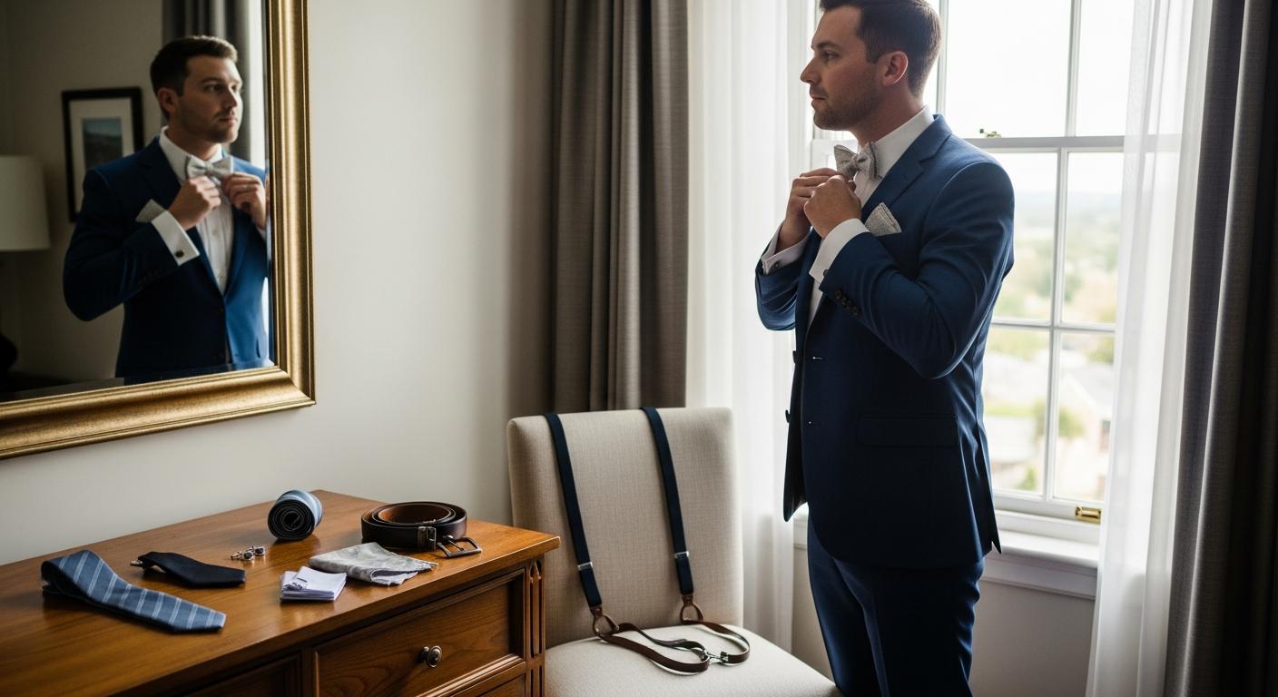 Témoin ajustant son nœud papillon devant un miroir, costume bleu marine et accessoires assortis, dans une chambre d’hôtel avant un mariage Afbeelding