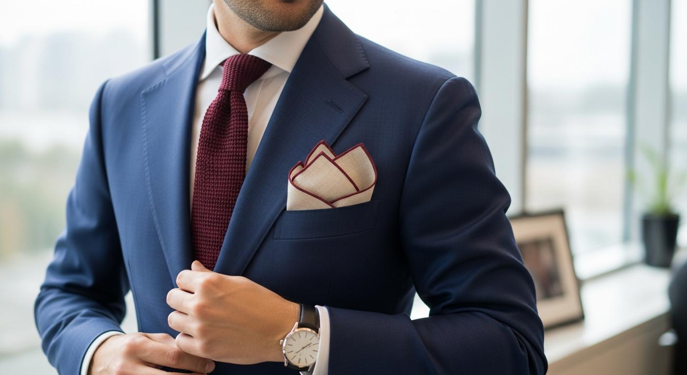 Homme en costume bleu marine avec chemise blanche et cravate bordeaux, portant une pochette en lin écru à liseré bordeaux dans la poche poitrine, lumière naturelle en bureau Afbeelding