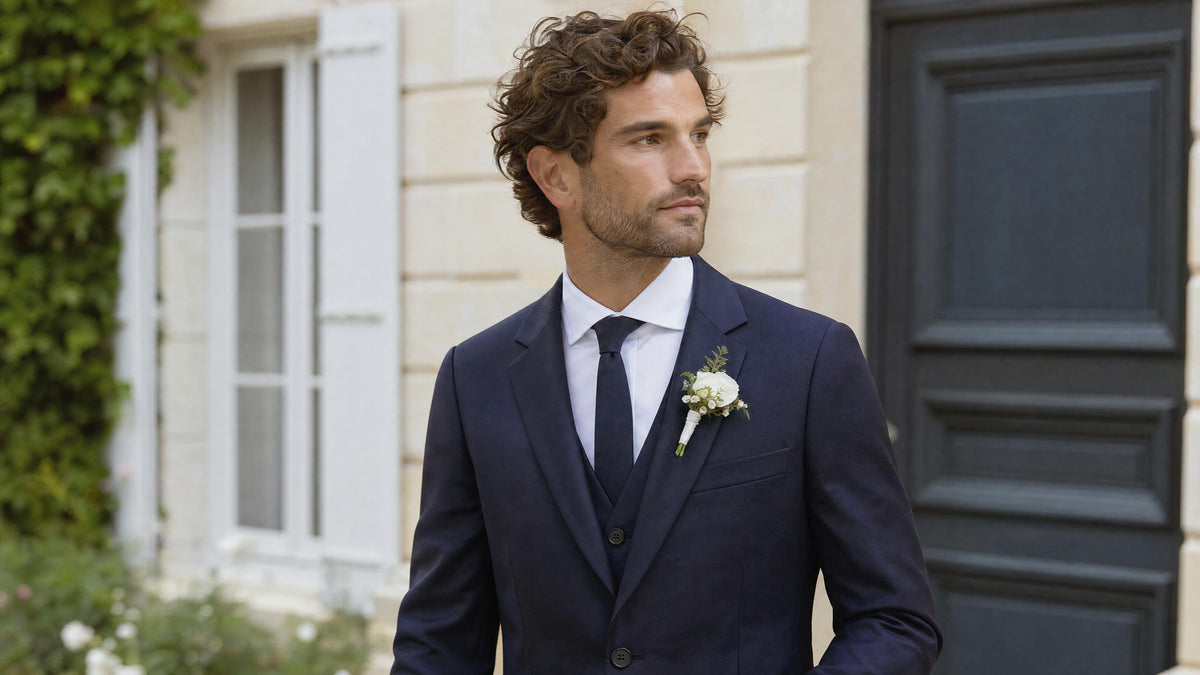 Homme en costume portant une boutonnière sur le revers gauche de sa veste Afbeelding