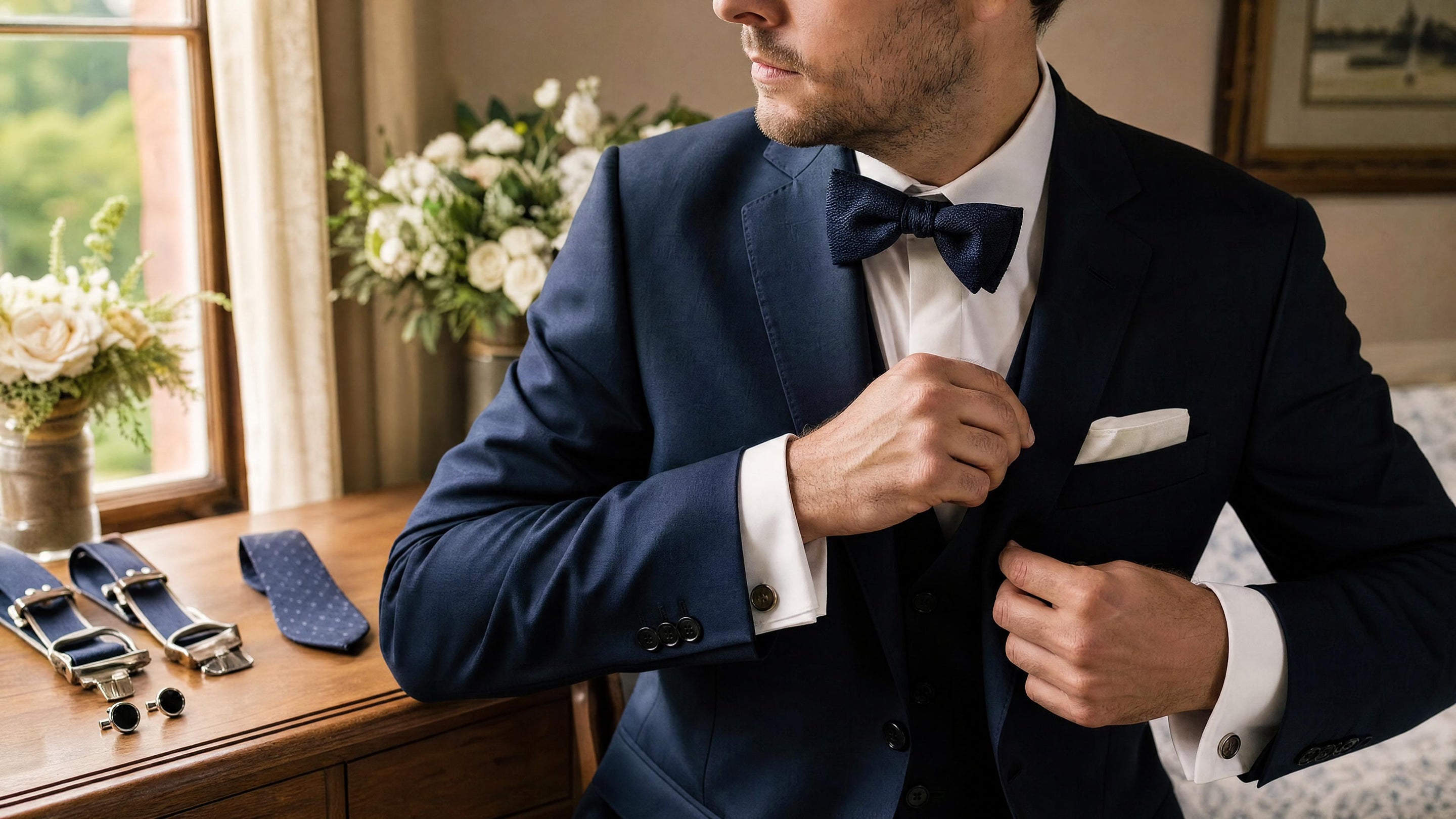 Homme en costume ajustant son nœud papillon et sa pochette lors des préparatifs d’un mariage