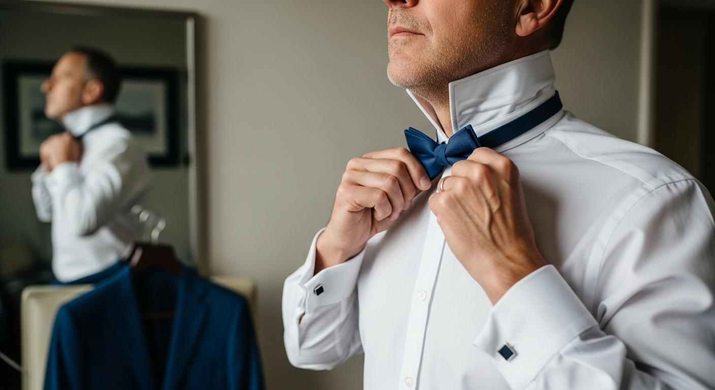 Homme ajustant un nœud papillon devant un miroir, en chemise blanche, pour illustrer le choix selon la morphologie Afbeelding