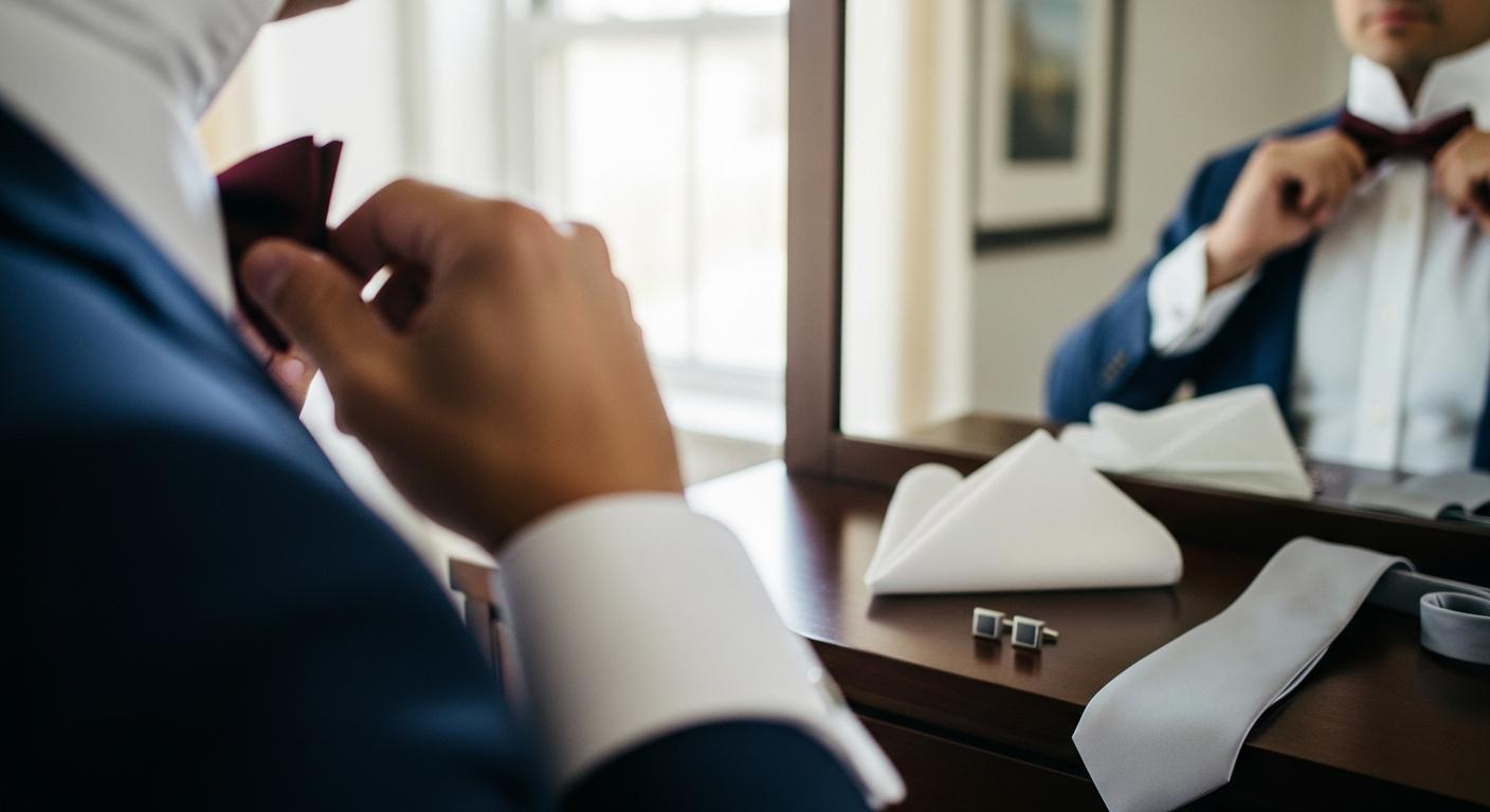 Homme en costume bleu marine ajustant un nœud papillon bordeaux devant un miroir, avec accessoires de mariage posés sur une commode Afbeelding