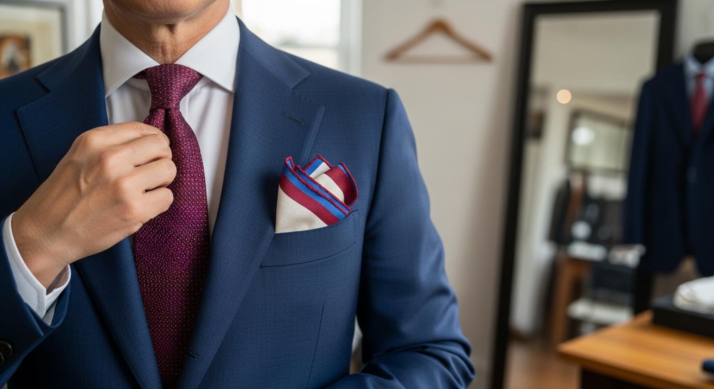 Homme en costume bleu marine avec cravate bordeaux et pochette en lin ivoire assortie, photographié en lumière naturelle près d’une fenêtre Afbeelding