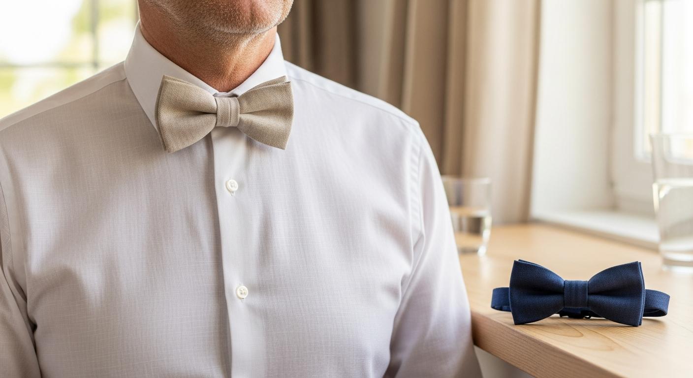 Homme en chemise blanche portant un nœud papillon en lin beige, avec un nœud papillon en coton bleu marine posé sur une table en bois dans une lumière douce d’été Afbeelding