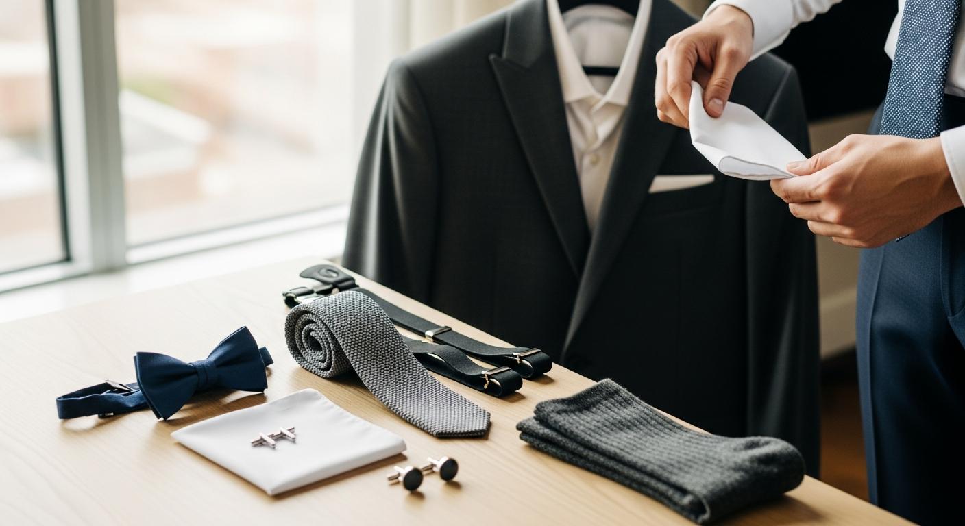 Accessoires de costume posés sur une table en bois, avec un homme qui compare nœud papillon, cravate et pochette près d’une fenêtre