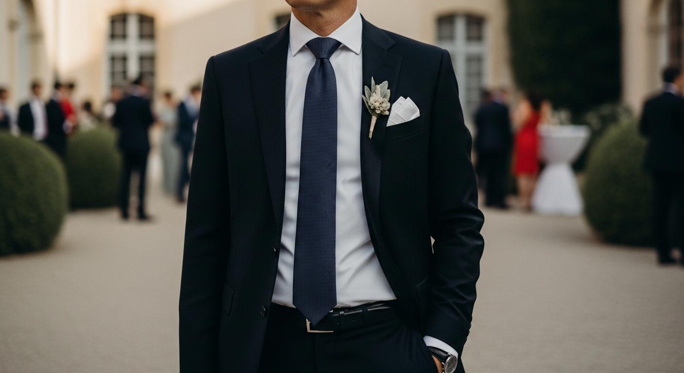 Homme en costume noir avec chemise blanche et cravate élégante lors d’un mariage, cadrage mi-corps en lumière douce Afbeelding