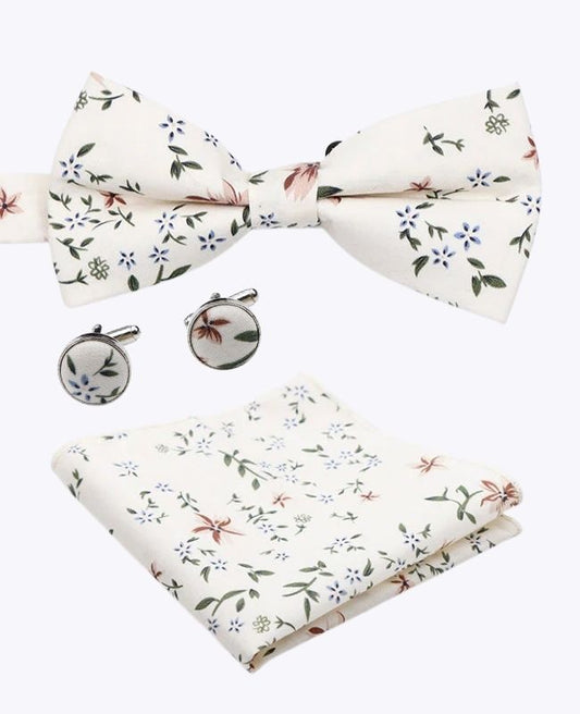 Noeud Papillon + Pochette de Costume + Boutons de Manchette Blanc n°8 Homme en Coton «Charles»