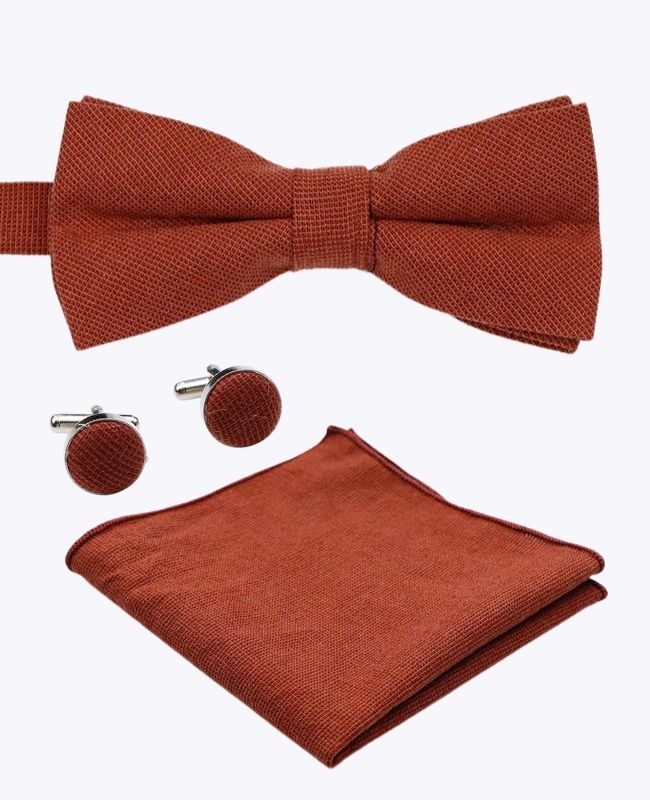 Noeud Papillon + Pochette de Costume + Boutons de Manchette Terracotta Homme en Coton «Edgard»