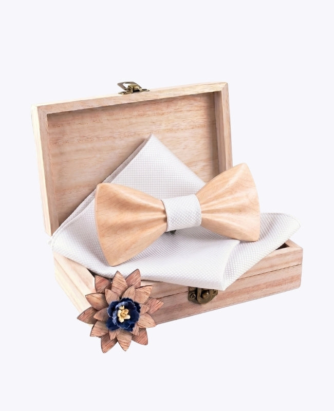 Cadeauset Wit heren vlinderdas in licht hout "Hippolyte"
