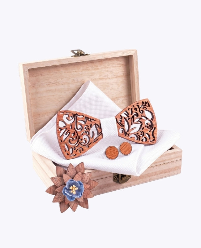Geschenkdoos Witte heren vlinderdas in hout "Édouard"