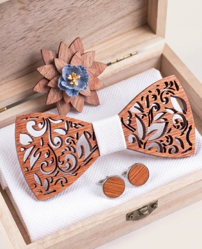 Geschenkdoos Witte heren vlinderdas in hout "Édouard"