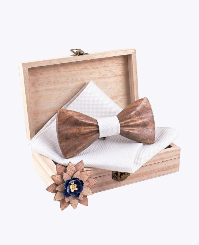 Geschenkset Vlinderdas Wit Heren in Donker Hout "Hippolyte"