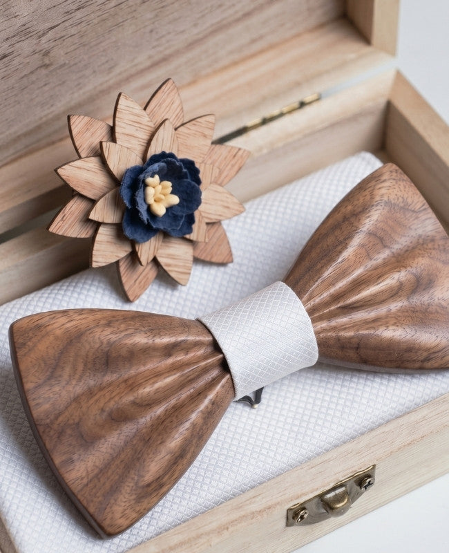 Geschenkset Vlinderdas Wit Heren in Donker Hout "Hippolyte"