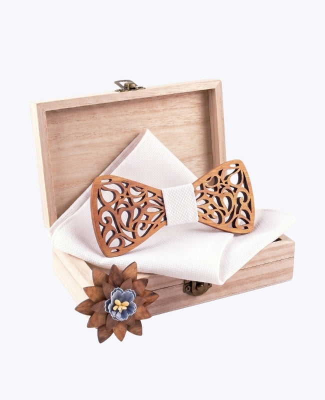 Geschenkset Vlinderdas Wit Heren in Hout "Hercule"
