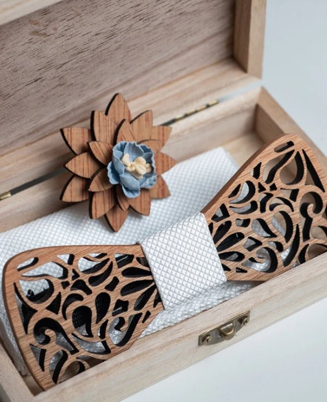 Geschenkset Vlinderdas Wit Heren in Hout "Hercule"
