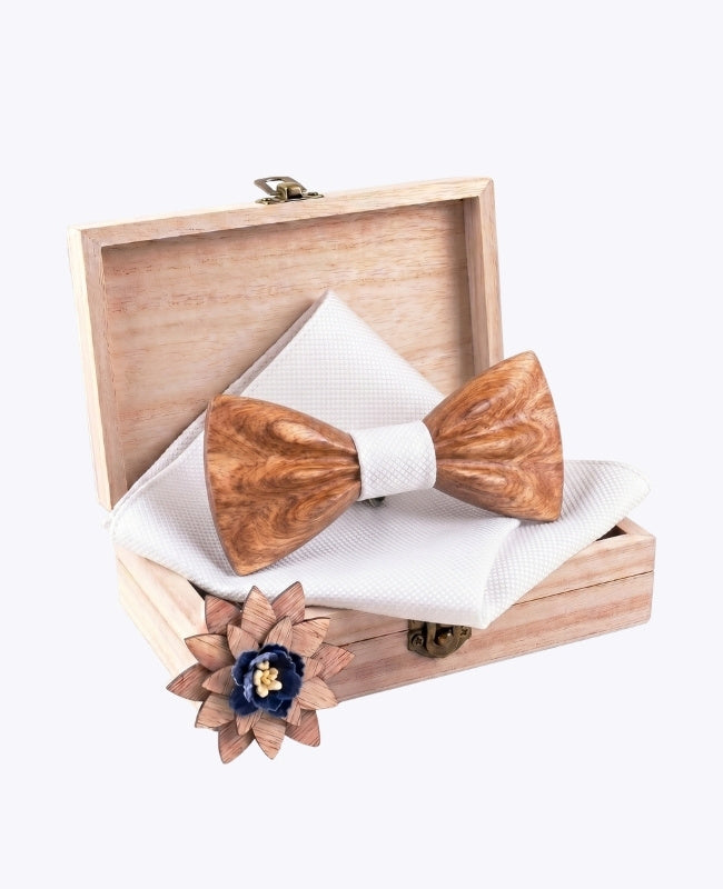 Geschenkdoos Vlinderdas Wit Heren in Hout "Hippolyte"
