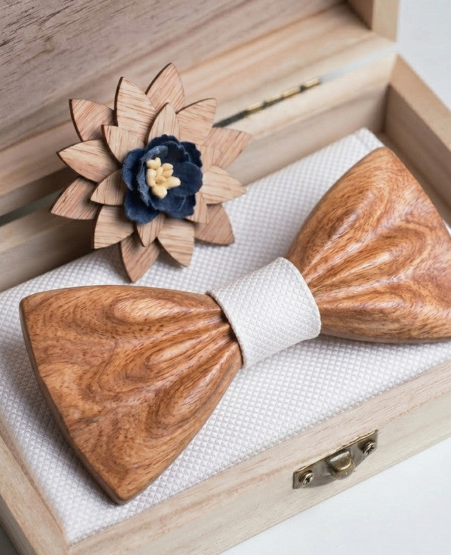 Geschenkdoos Vlinderdas Wit Heren in Hout "Hippolyte"