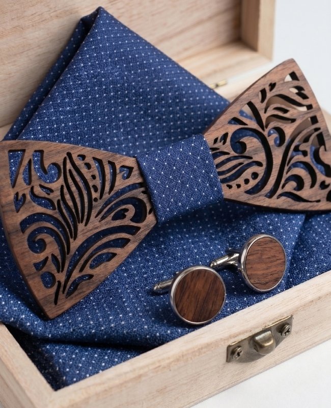 Cadeauset vlinderdas Blauw heren in hout "Baptiste"