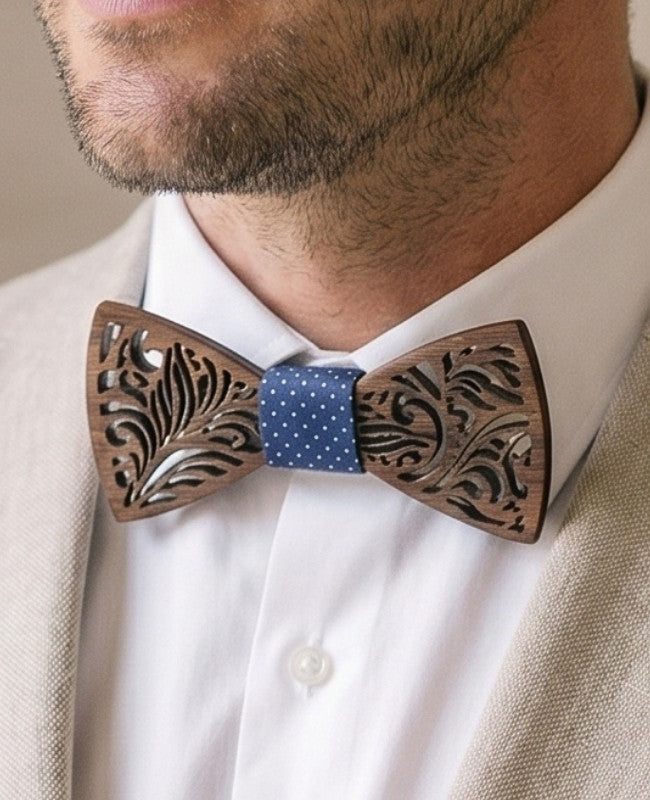 Cadeauset vlinderdas Blauw heren in hout "Baptiste"