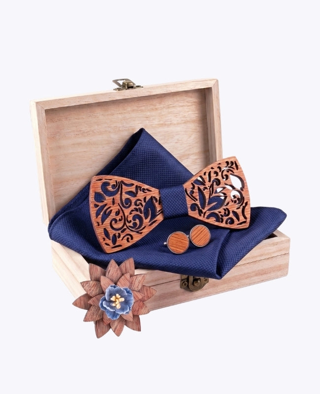 Geschenkdoos Vlinderdas Blauw heren in Hout "Édouard"