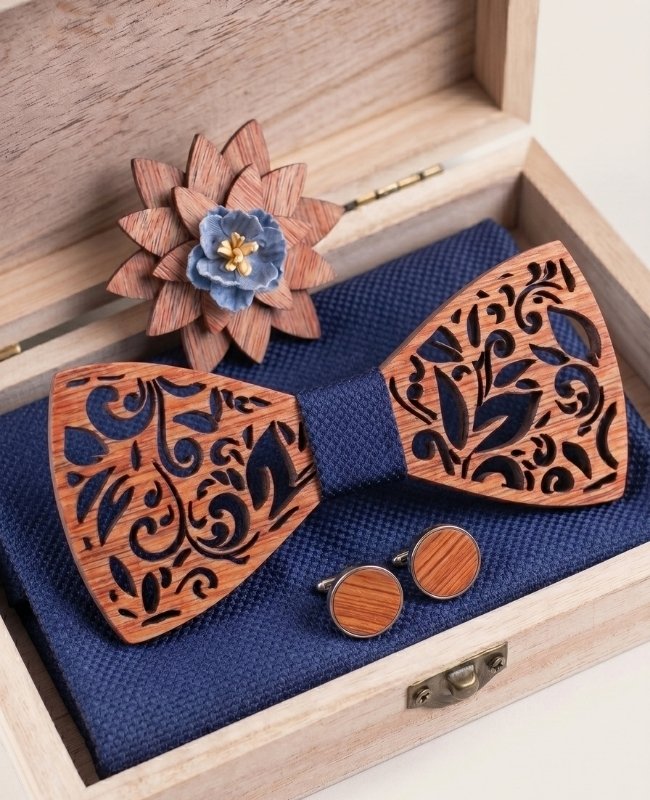 Geschenkdoos Vlinderdas Blauw heren in Hout "Édouard"
