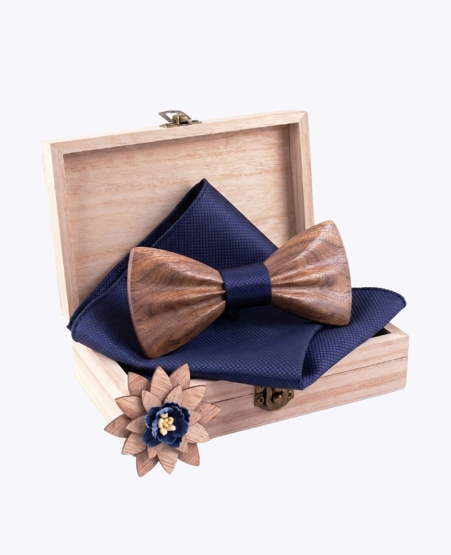 Geschenkset Vlinderdas Blauw Heren in Donker Hout "Hippolyte"