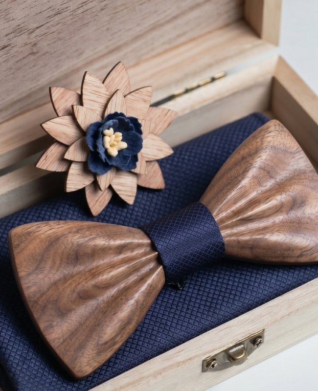 Geschenkset Vlinderdas Blauw Heren in Donker Hout "Hippolyte"