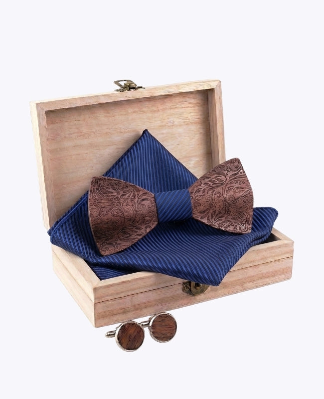 Geschenkset Blauw heren vlinderdas in hout "Virgile"