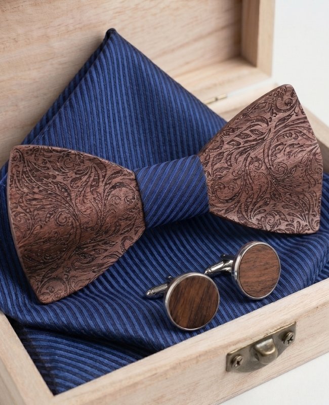 Geschenkset Blauw heren vlinderdas in hout "Virgile"