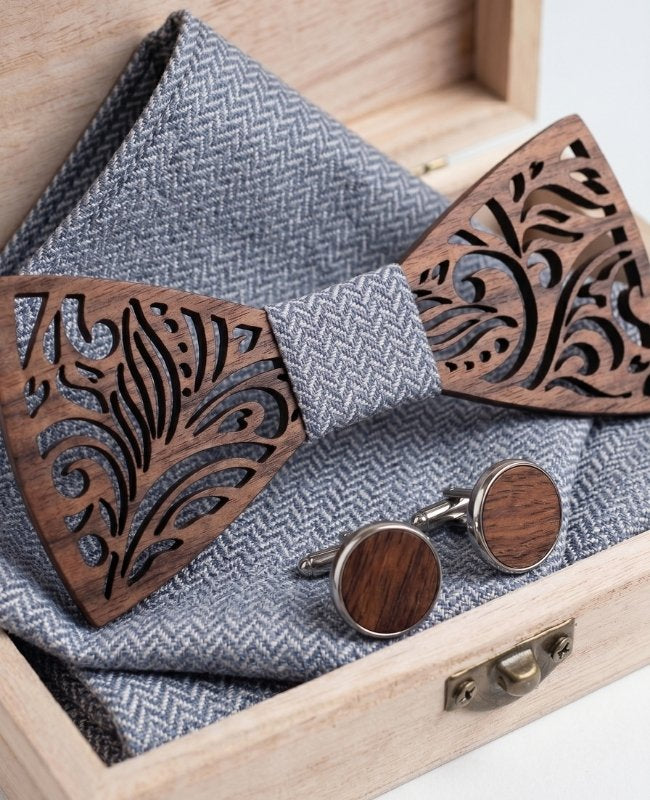 Cadeauset vlinderdas Grijs heren in hout "Baptiste"