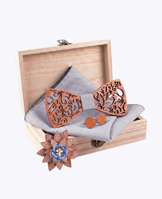 Geschenkdoos Vlinderdas Grijs heren in Hout "Édouard"