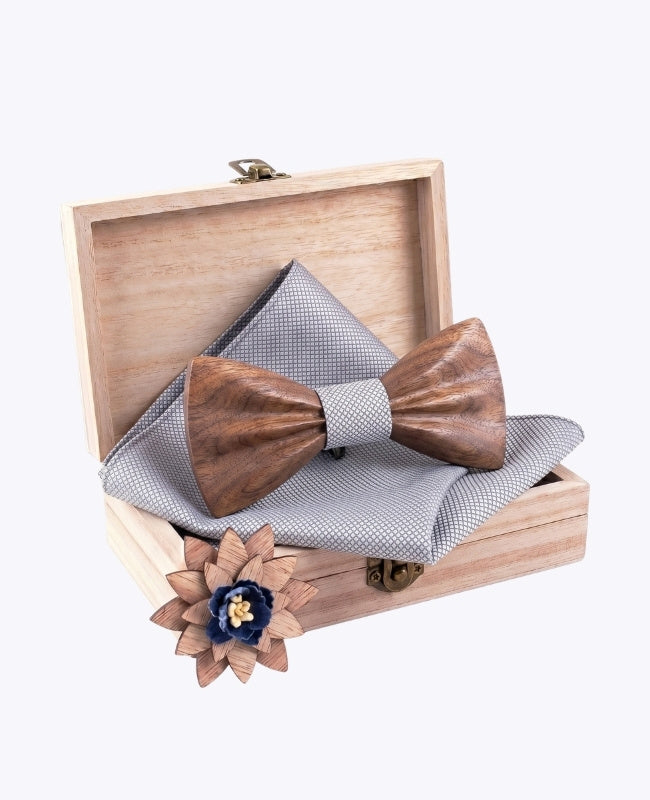 Geschenkset Vlinderdas Grijs Heren in Donker Hout "Hippolyte"