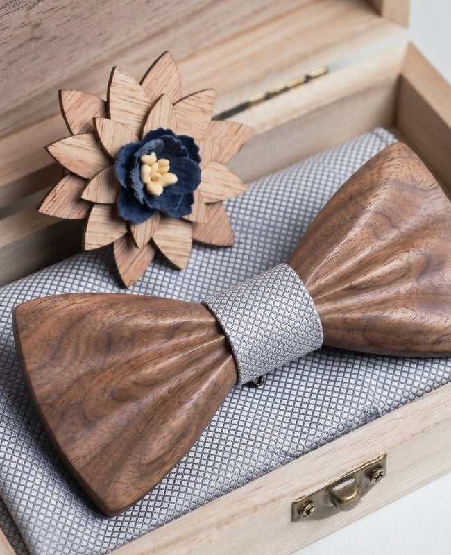 Geschenkset Vlinderdas Grijs Heren in Donker Hout "Hippolyte"