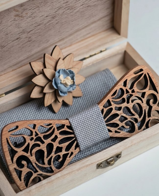 Geschenkset Vlinderdas Grijs Heren in Hout "Hercule"
