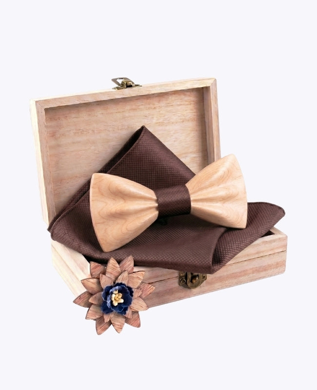 Cadeauset Bruin heren vlinderdas in licht hout "Hippolyte"