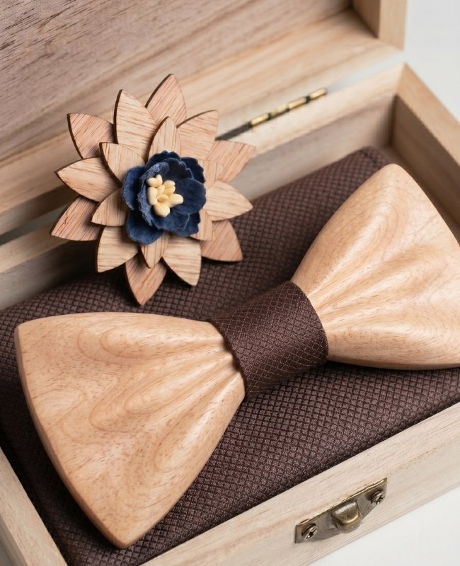 Cadeauset Bruin heren vlinderdas in licht hout "Hippolyte"