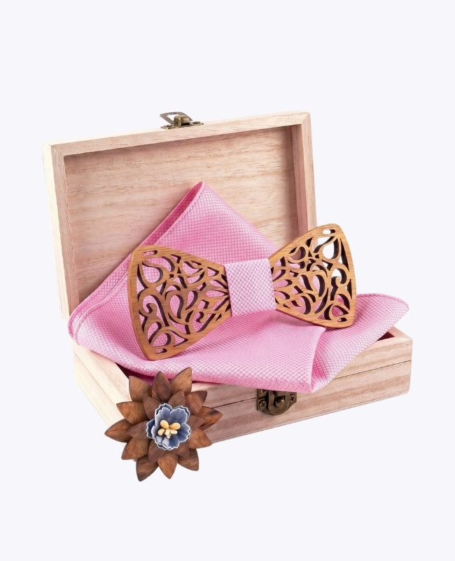 Geschenkset Vlinderdas Roze Heren in Hout "Hercule"