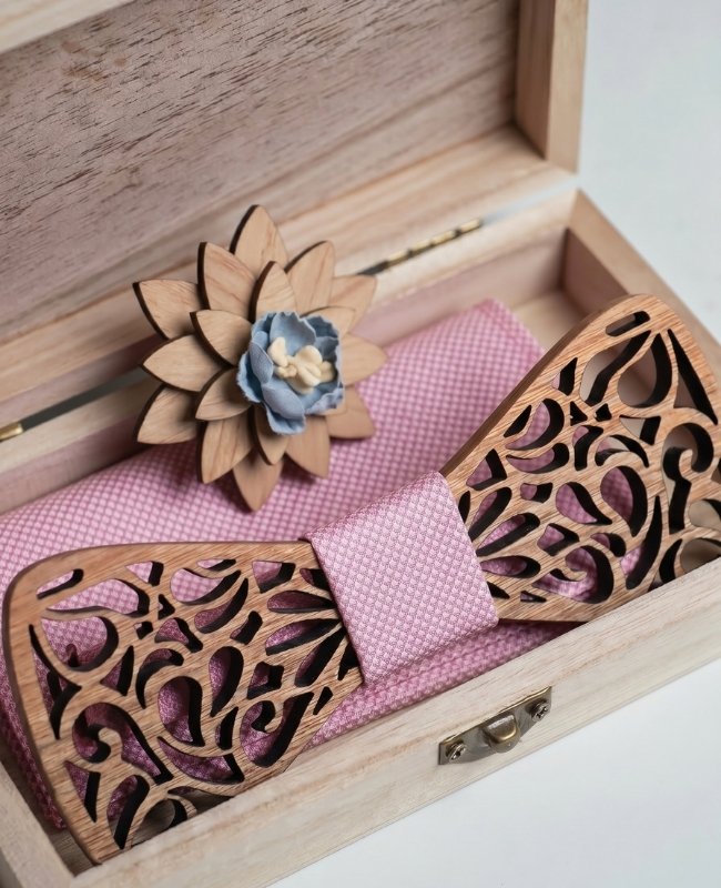 Geschenkset Vlinderdas Roze Heren in Hout "Hercule"