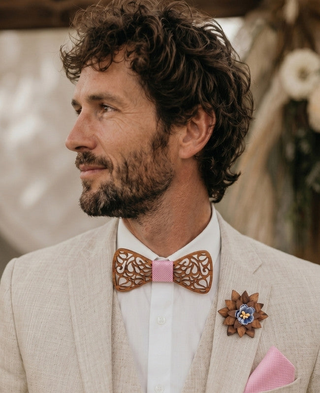 Geschenkset Vlinderdas Roze Heren in Hout "Hercule"