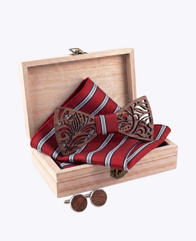 Cadeauset vlinderdas rood heren in hout "Baptiste"