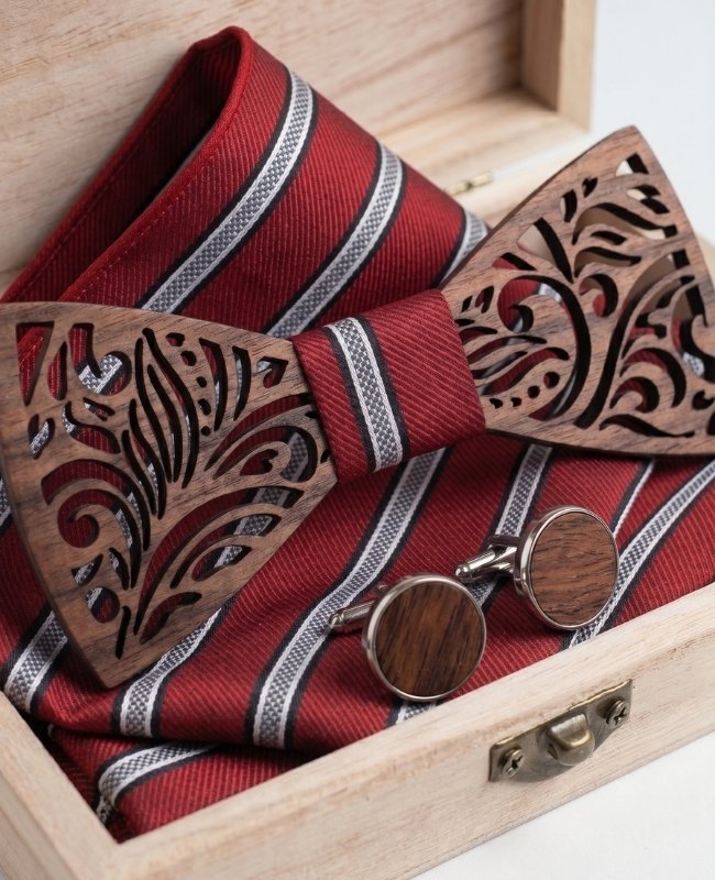 Cadeauset vlinderdas rood heren in hout "Baptiste"